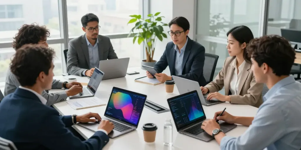 Business professionals collaborating in a modern workspace, encouraging you to visit our website for resources.