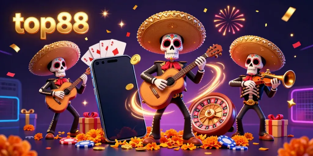 Experience the excitement of top88 with a colorful mariachi band amidst casino games and festive elements.