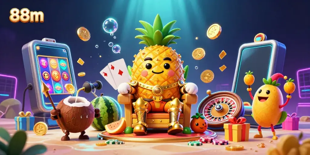 Experience the vibrant world of 88m with playful casino characters in a dynamic beach scene.