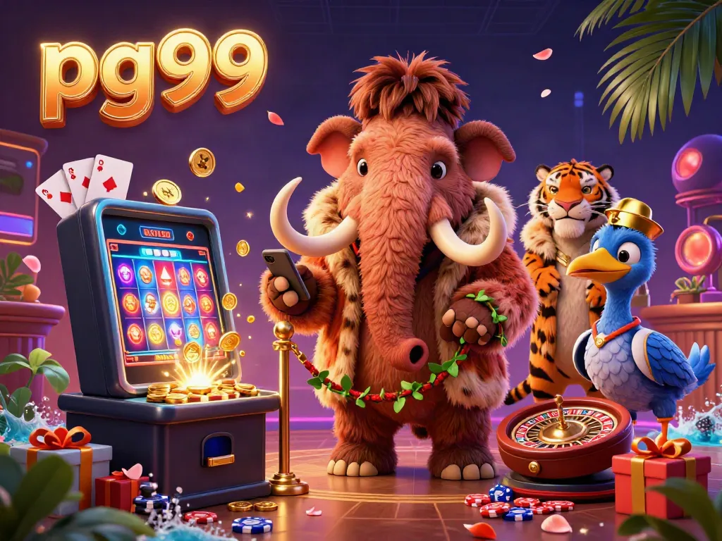 Experience excitement at pg99 with a dynamic casino scene featuring vibrant slot games and colorful characters.