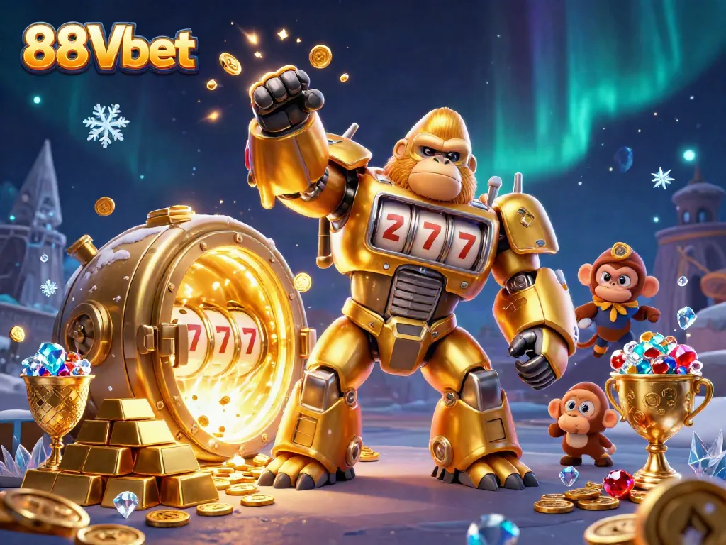 Experience the thrilling action of 88Vbet with a mech gorilla made from slot machines, surrounded by gold and gems.