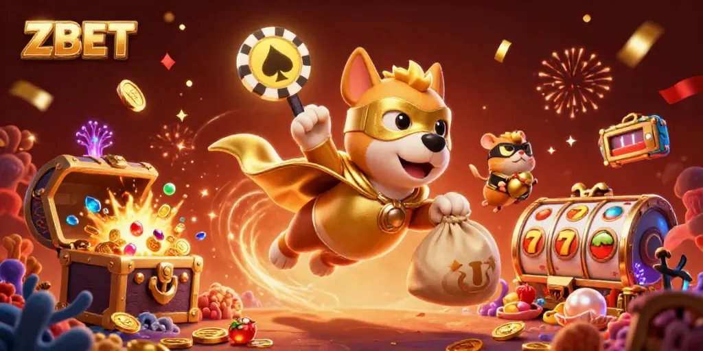 ZBET's dynamic casino adventure depicted with a superhero dog and hamster amidst vibrant slot symbols and treasure.