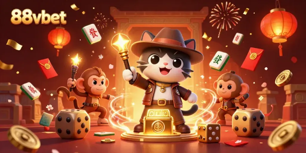 Engage with 88vbet's thrilling adventures through a 3D illustration of a cat archaeologist and dynamic casino elements.