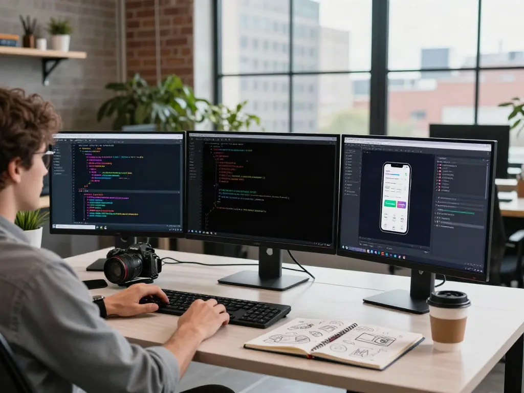 Developer at apktodo workspace with multiple monitors showing app design and code.