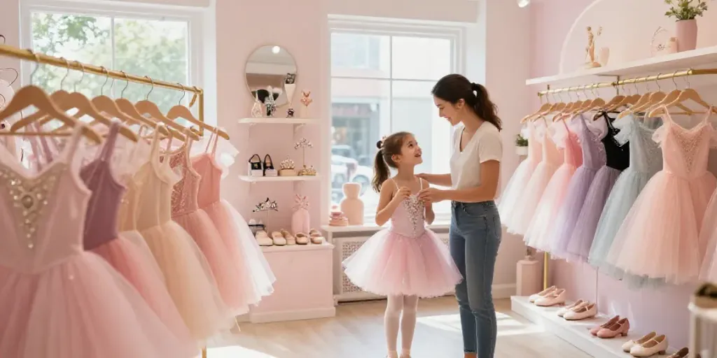 A joyful child trying on a tutu in a colorful tutu store.