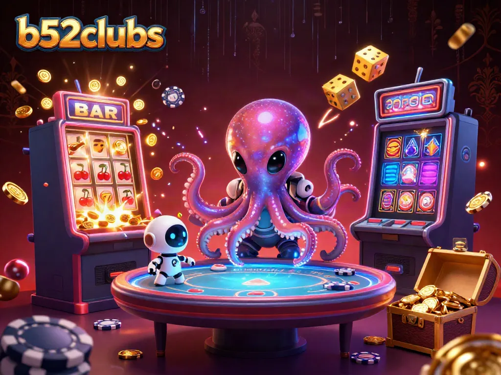 Experience thrilling gameplay at b52clubs with vibrant casino action and a playful alien octopus.