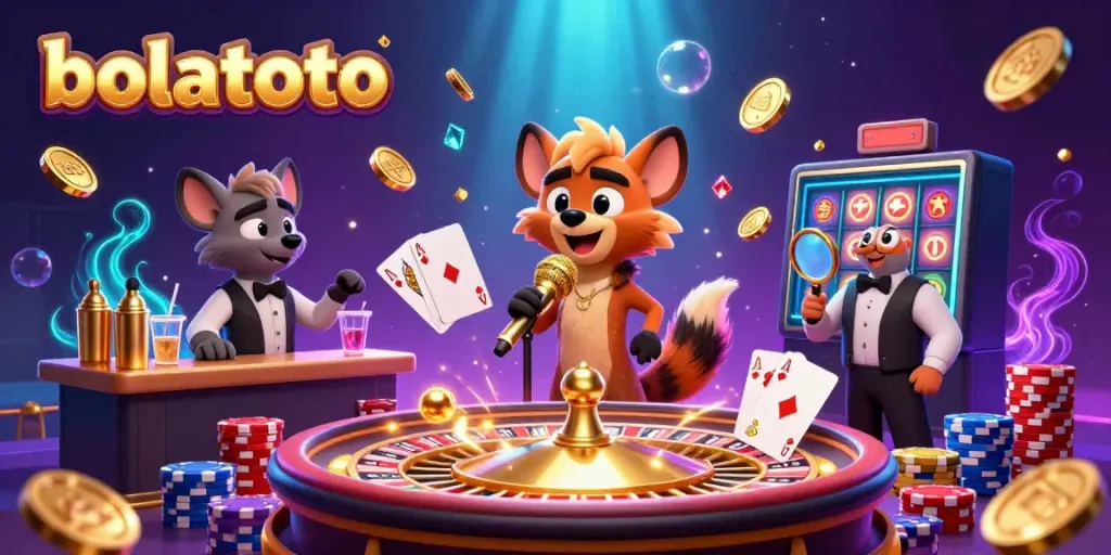 Engage in the bolatoto casino adventure with lively hyenas, golden coins, and vibrant roulette.
