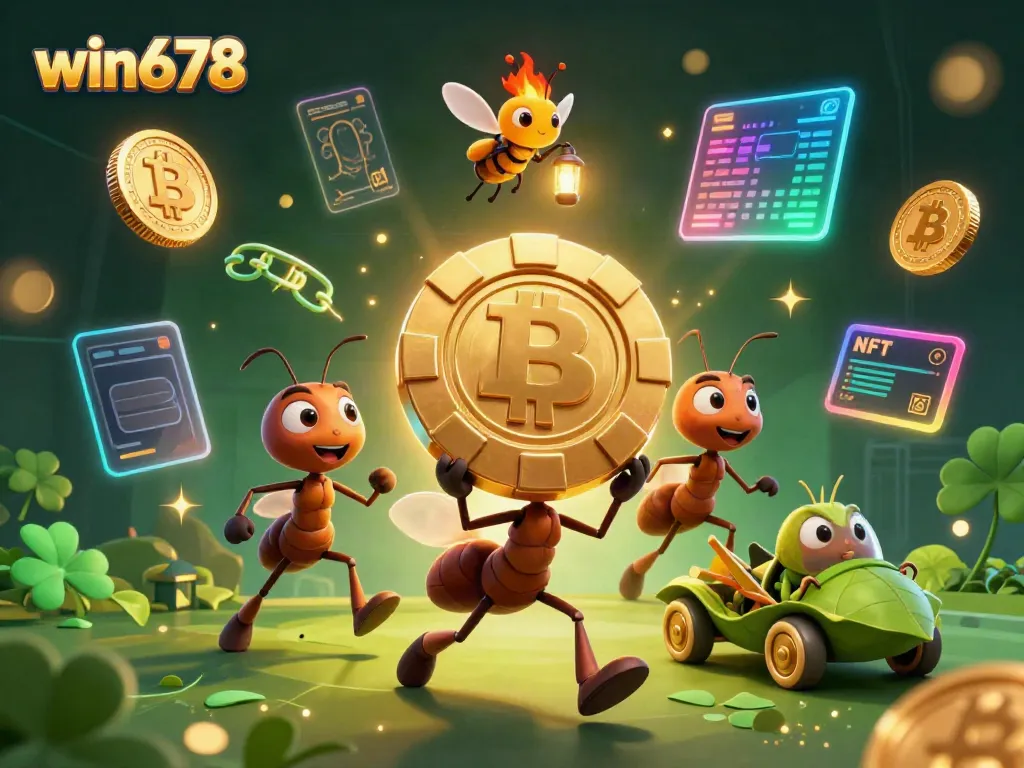 Win678 casino illustration showcasing a heist with ants and vibrant crypto elements in a dynamic scene.