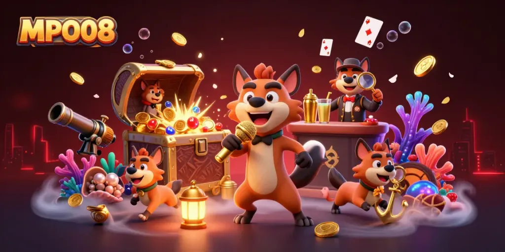 MPO08 features hyenas in a comedy casino setting, mixing drinks and checking IDs, with vibrant gaming elements.