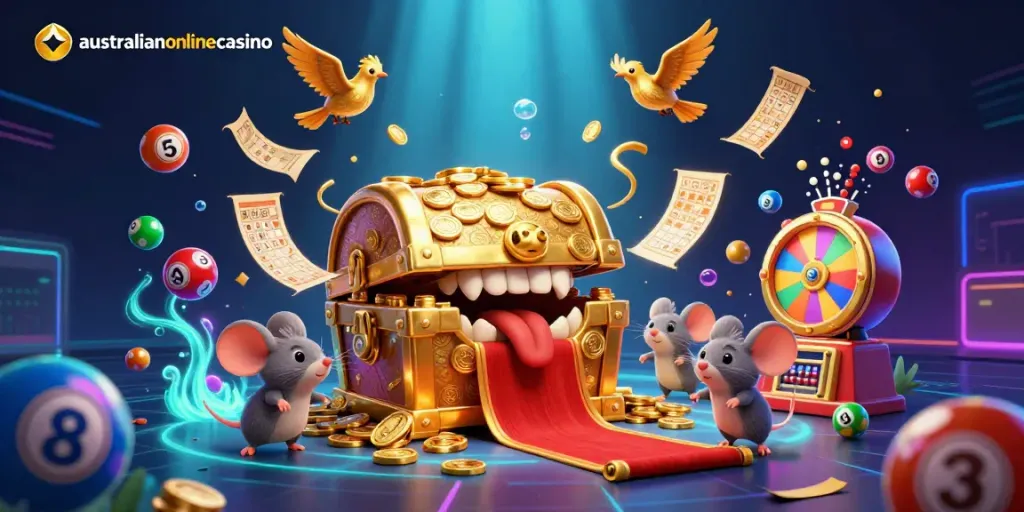 Engaging scene of a treasure chest and mice in a vibrant Australian online casino setting, showcasing money and excitement.