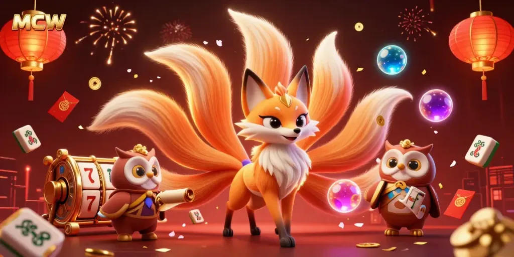 Experience the thrilling world of MCW with a vibrant, magical casino scene featuring a nine-tailed fox spirit, wise owl, and various gaming elements.