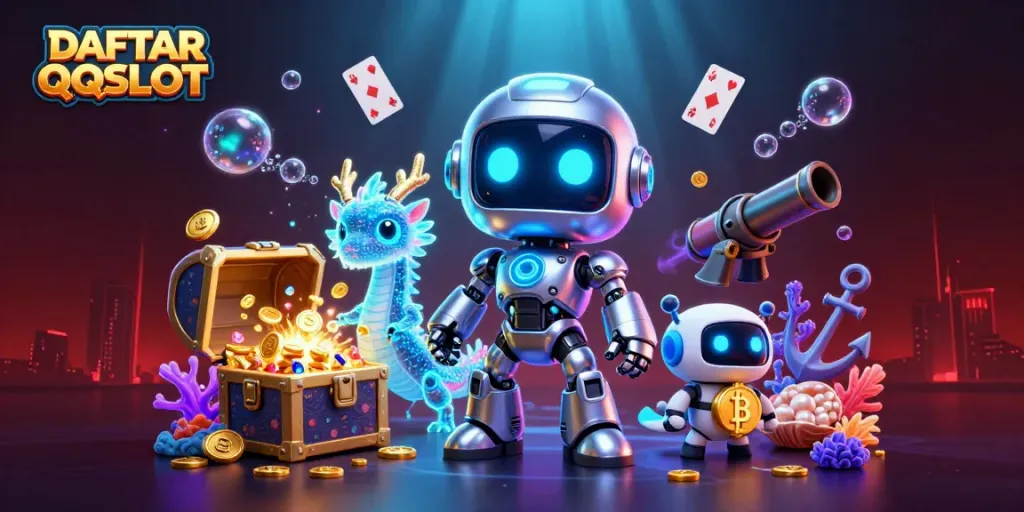 Engaging DAFTAR QQSLOT scene featuring a cartoon robot and a holographic dragon amidst underwater treasures and casino elements.