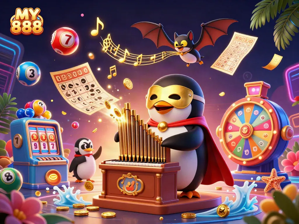 Experience the thrill of MY 888 with a vivid 3D penguin in a golden mask amidst a dynamic casino scene.