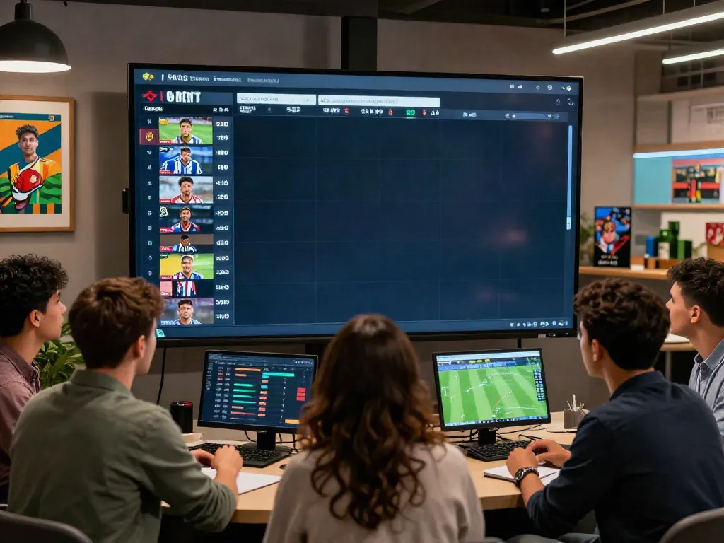 ข่าวตลาดซื้อขายนักเตะ live updates in a vibrant football lounge with analysts and fans.