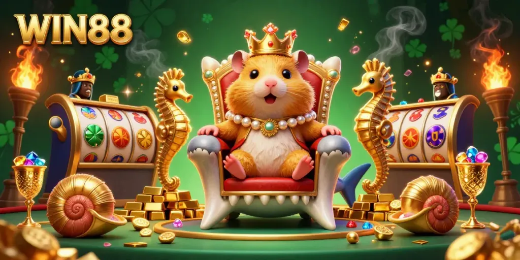 Experience the vibrant casino magic of WIN88 with a golden hamster king amidst sparkling riches.