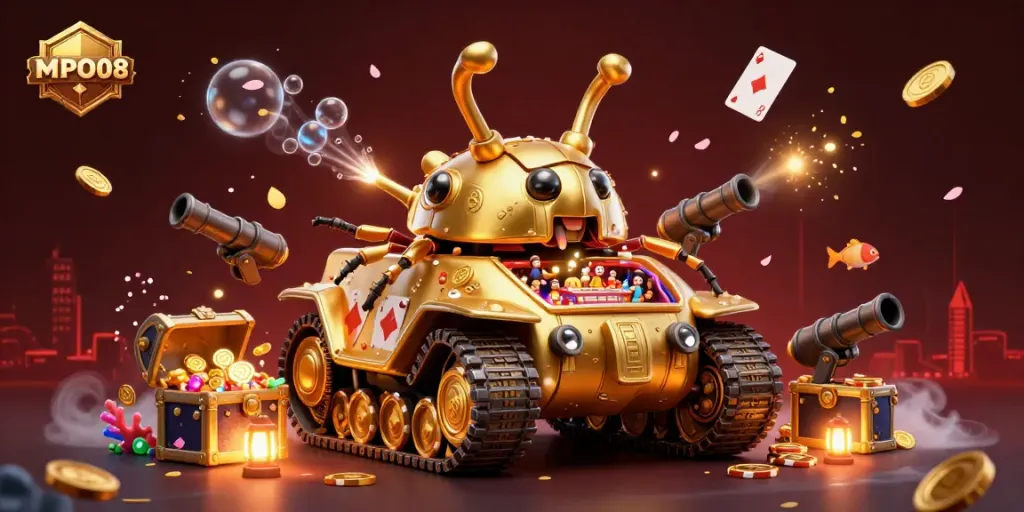 MPO08 showcases a vibrant 3D casino scene with a golden beetle tank, immersive gaming elements, and dynamic lighting.