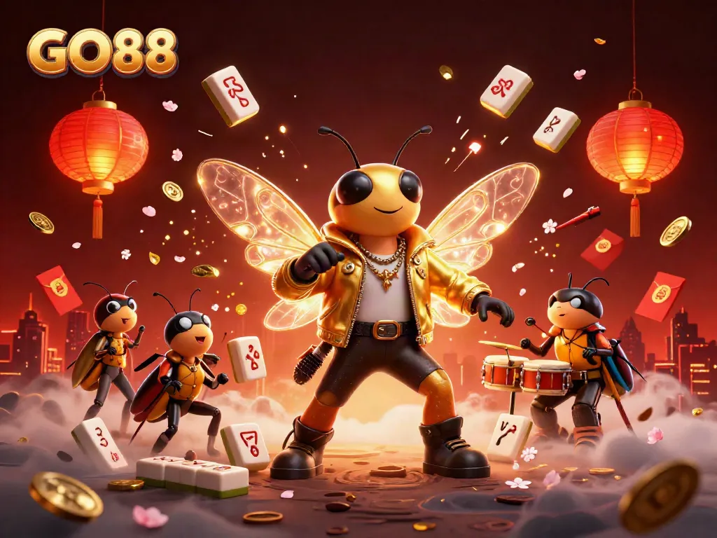 Experience the excitement of GO88 with colorful characters and dynamic casino elements in a vibrant digital illustration.