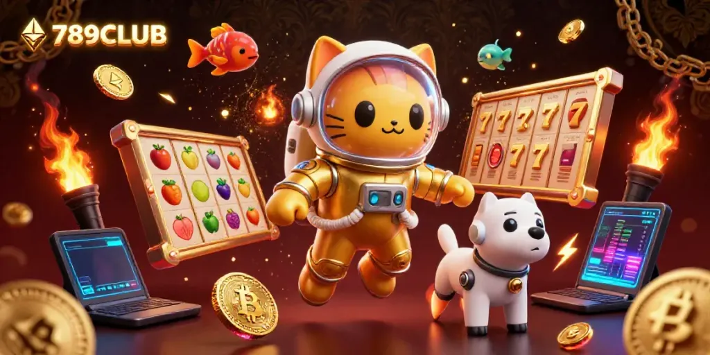 Spin and win with 789CLUB in a vibrant casino world of floating slot reels and gold coins.
