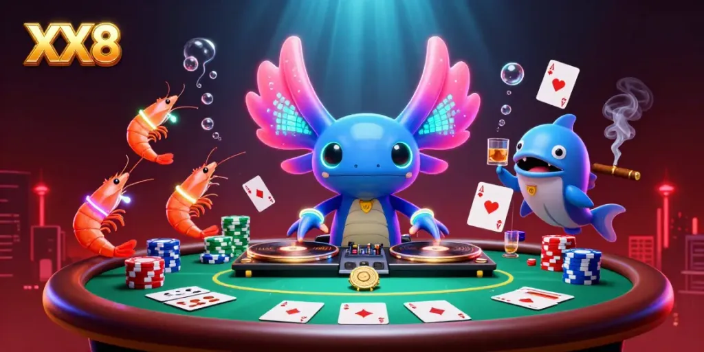 Engaging scene with XX8 characters DJing underwater while vibrant poker elements surround them.