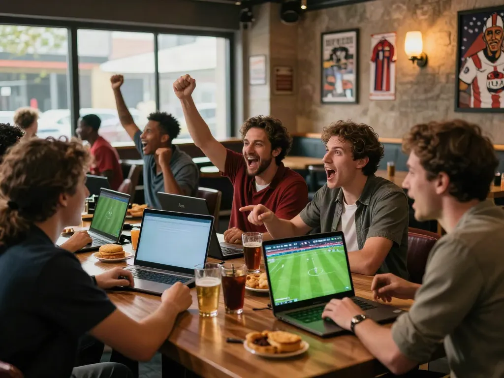 Exciting WWBOLA sports betting scene with friends cheering for a live soccer match.