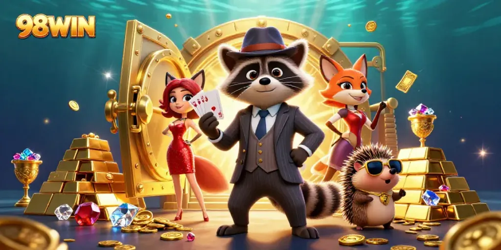 Experience thrilling gameplay with 98WIN as raccoon and friends hold royal flush amidst gold treasures.