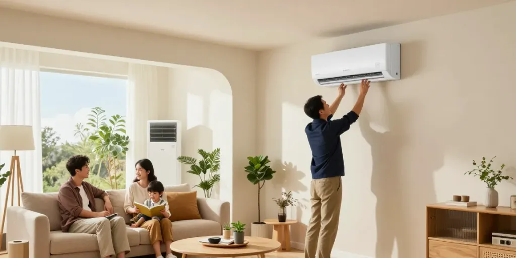 Mini split AC installation in a stylish living room, showcasing modern cooling solutions.