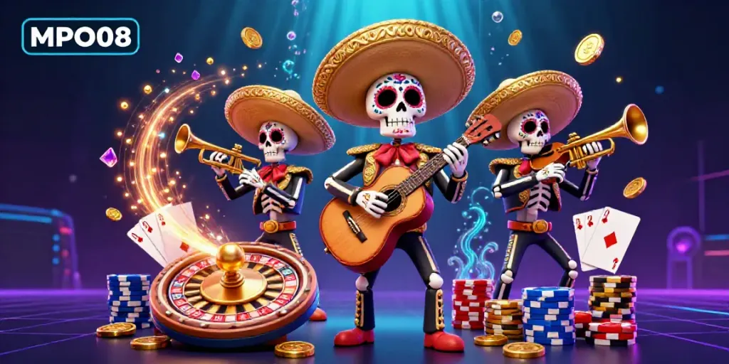MPO08 offers vibrant gameplay with a mariachi band celebrating under cascading gems and golden coins.