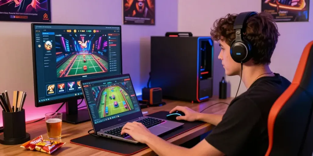 Pengguna bermain game online di pohon4d dengan perangkat gaming lengkap dan suasana yang menyenangkan.