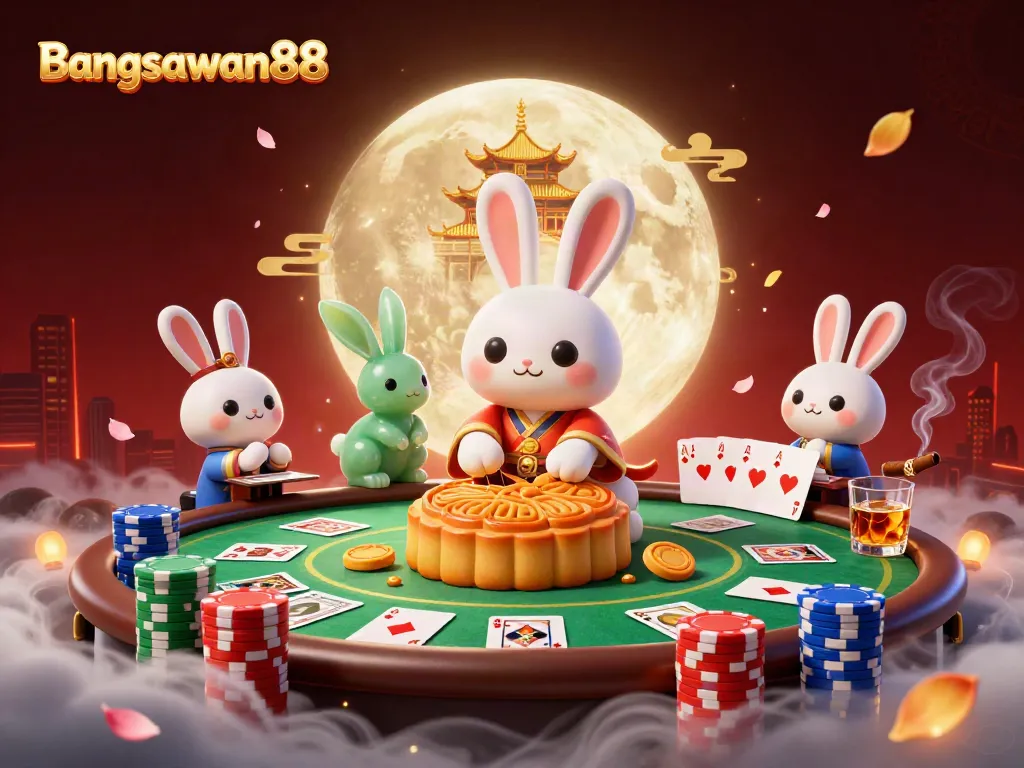 Bangsawan88 lunar scene featuring a moon rabbit surrounded by poker chips and casino elements.