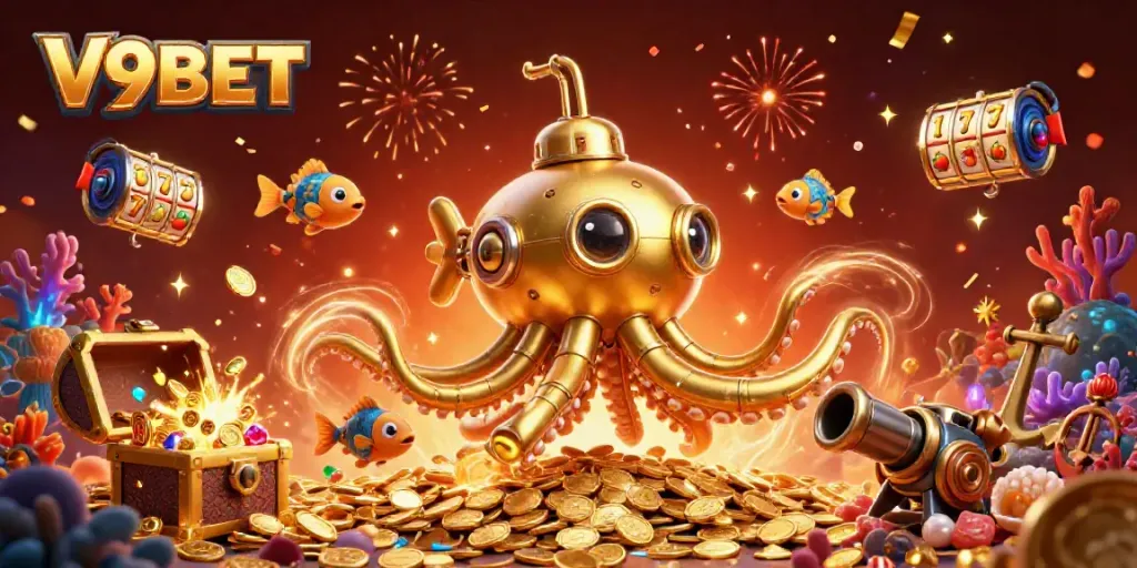 Experience thrilling gameplay with the V9BET kraken submarine amidst golden coins and slot reels.