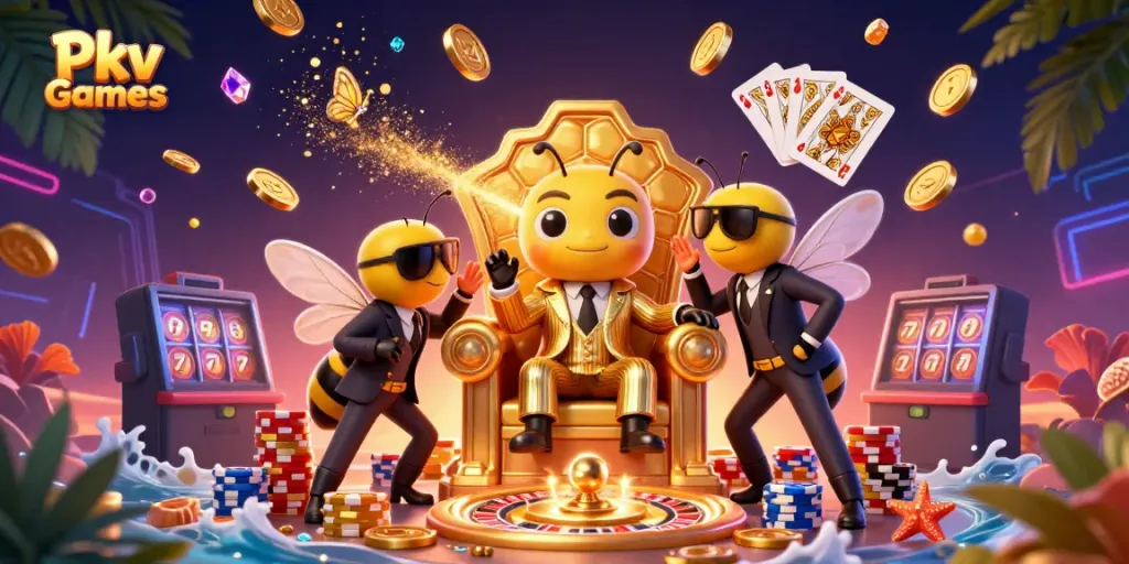 Pkv Games brings excitement with a vibrant scene of card games, coins, and floating treasures.