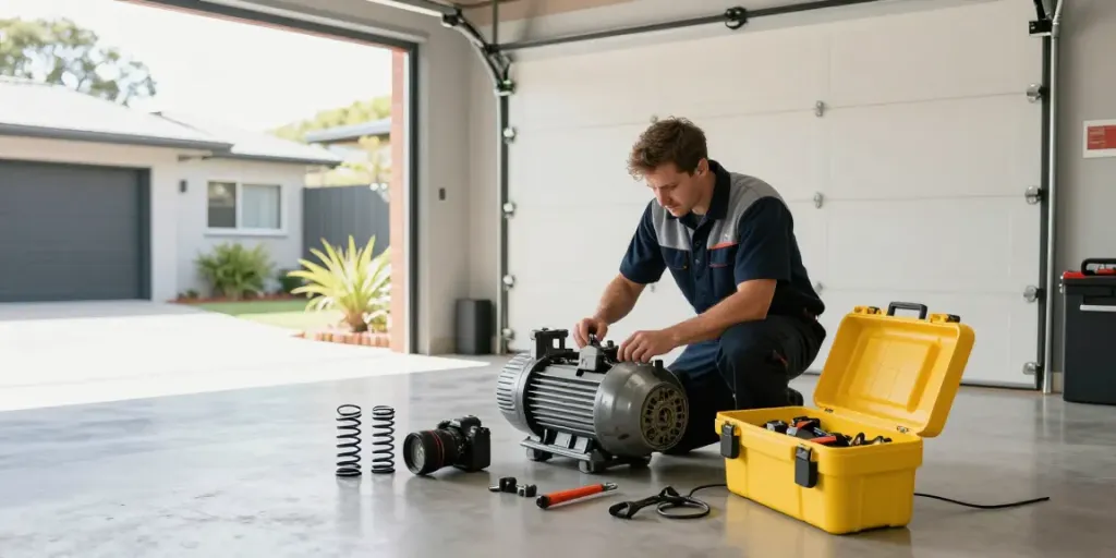 Garage door motor repairs in action by a technician, showcasing tools and parts in a well-lit garage.