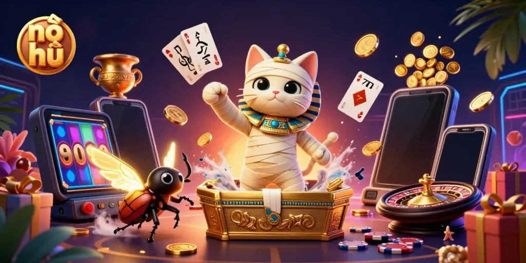 Experience nổ hũ action with vibrant characters, gold coins, and slot games in a dazzling casino scene.