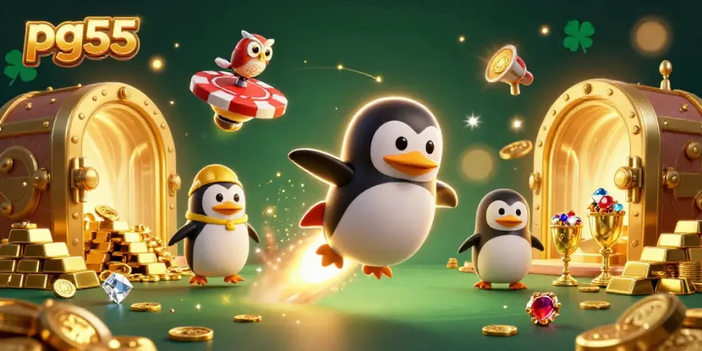 pg55 visualizes a golden penguin and an owl in a vibrant casino adventure scene.