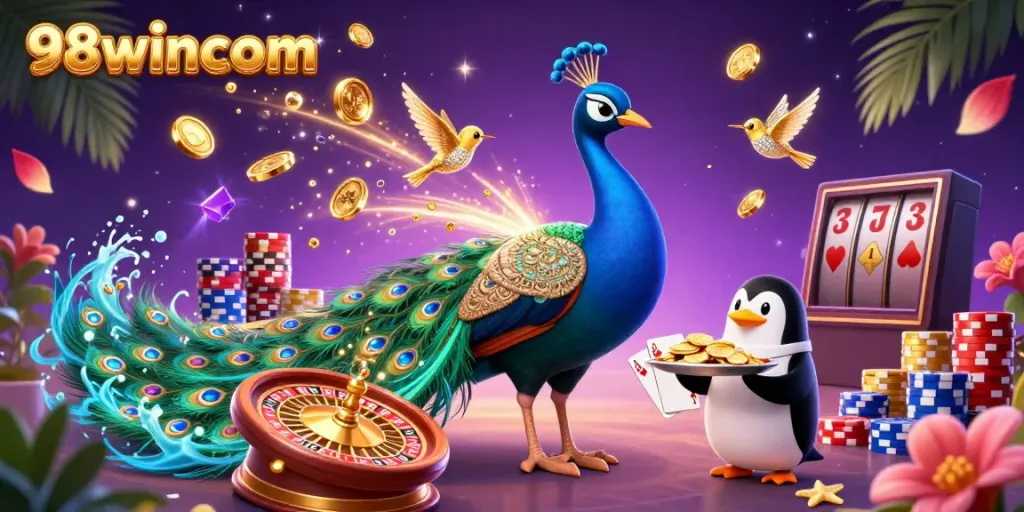Experience the rich and vibrant 98wincom casino world with a captivating peacock and dazzling game elements.