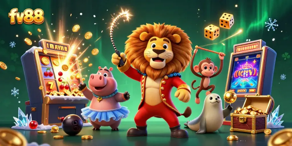 Experience excitement with fv88 at this lively online casino scene featuring charming characters and winning symbols.