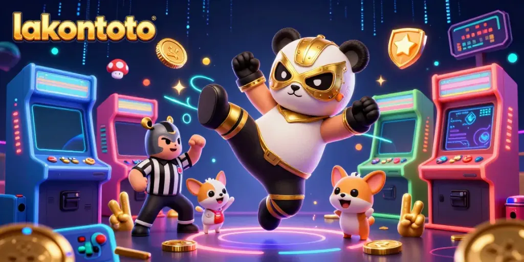 Gambarkan aktivitas menarik di lakontoto dengan panda pegulat yang menerkam, panutan, dan penonton hewan kecil merayakan.