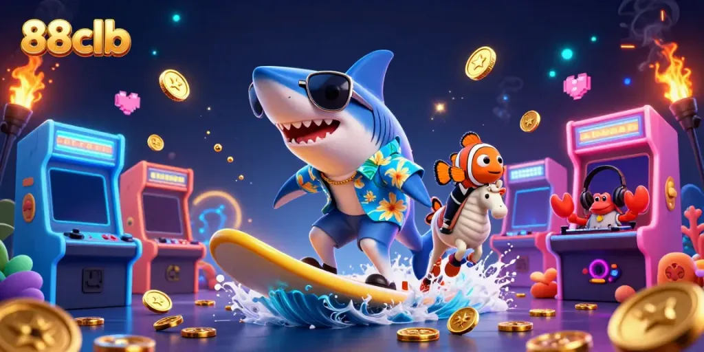 Engage with thrilling gaming adventures at 88clb as golden coins cascade in a vibrant underwater casino scene.