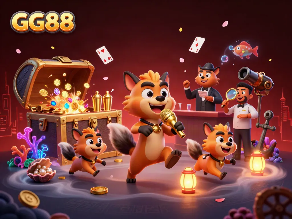 Experience excitement and fun at GG88's comedy casino club with animated characters amidst vibrant game elements.