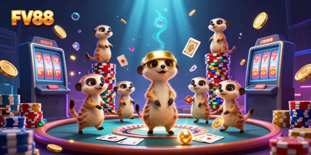 Experience thrilling gameplay at FV88 with playful meerkats in this vibrant digital casino scene.