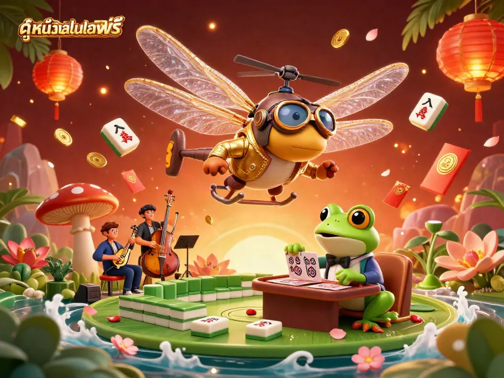 Experience ดูหนังออนไลน์ฟรี with lively dragonfly pilots and froggy dealers in a vibrant cartoon casino scene.