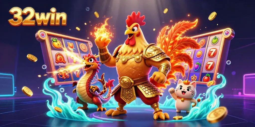 Experience the thrill of 32win with vibrant slot reels, a rooster warrior, and golden dragon sparks.