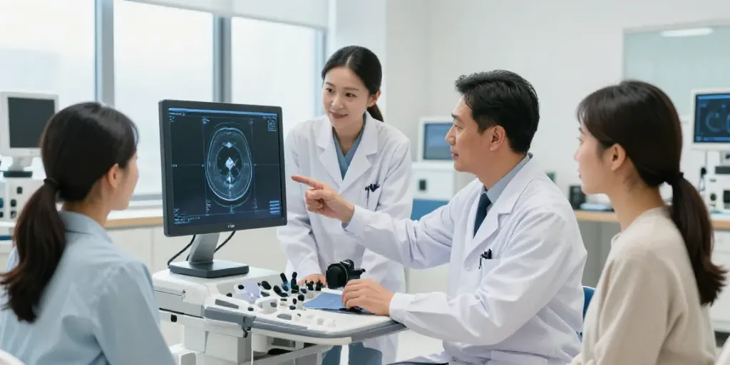 Moderne Radiologie in Wolfsburg: Ärzte und Patienten im Gespräch über CT-Bilder.