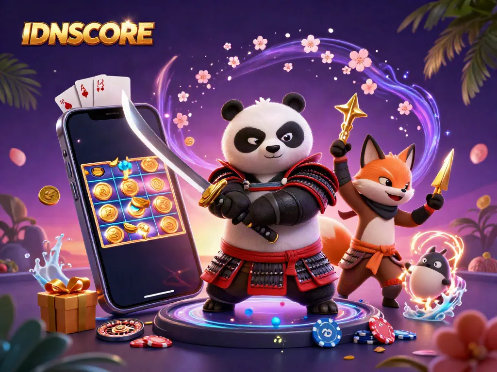 Experience the excitement of IDNSCORE with dynamic game elements and engaging characters in a rich casino scene.