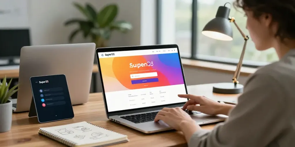 Engaging Super33 login interface on a stylish laptop in a modern office setting