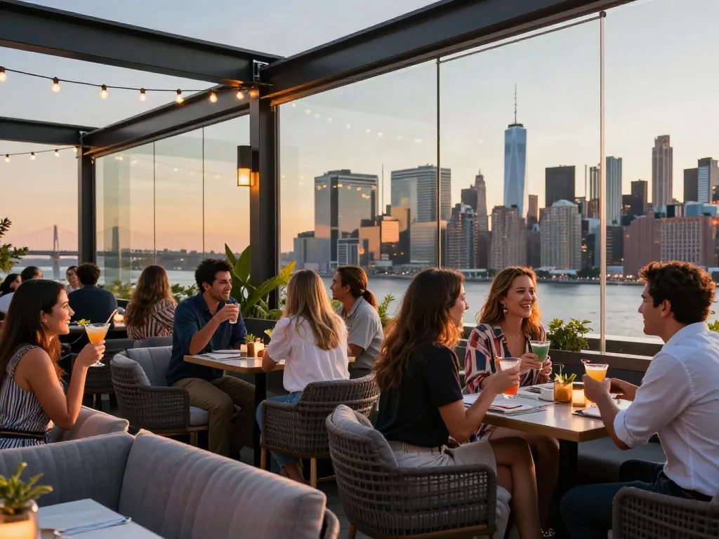 NoHu Rooftop scene with guests enjoying cocktails and skyline views