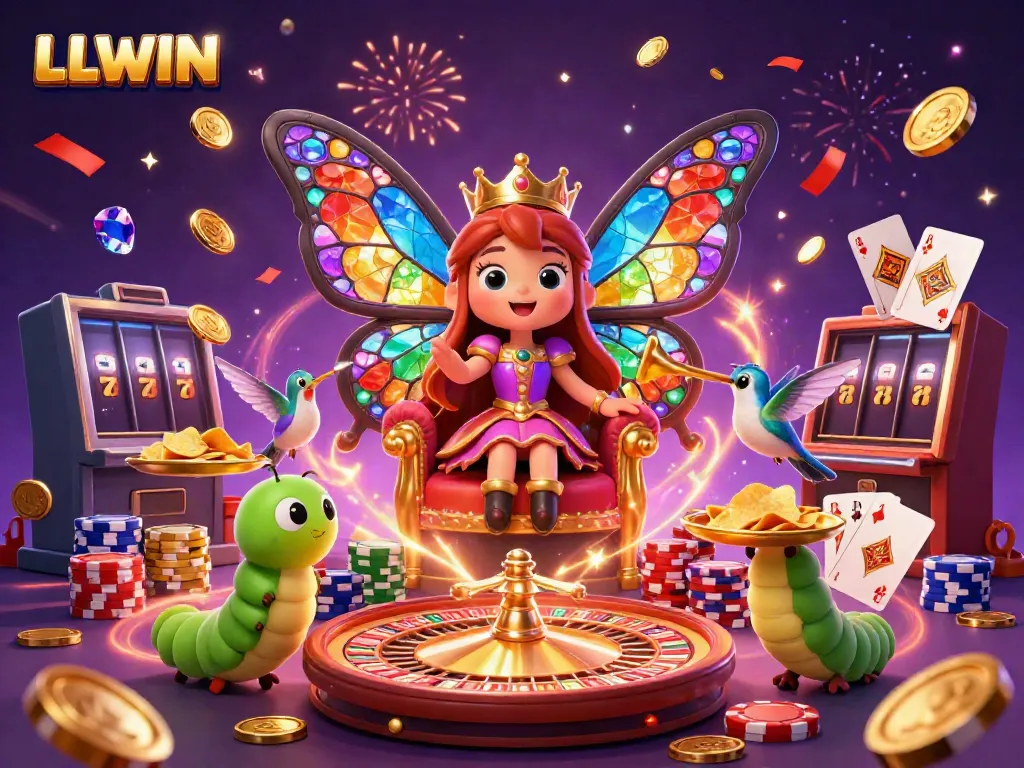 Experience the excitement of LLWIN's vibrant casino scene featuring dynamic characters and celebratory elements.