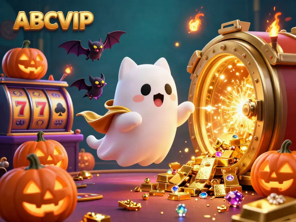 Engage with ABCVIP’s thrilling casino atmosphere as a friendly ghost cat and bat explore a packed, vibrant casino scene.