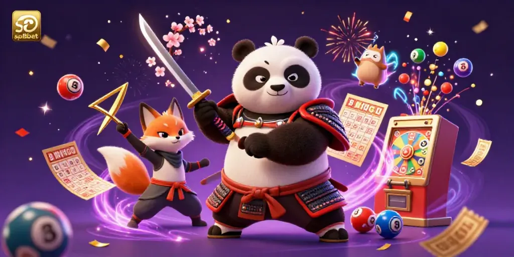 Experience the excitement of sp8bet with a dynamic illustration featuring a panda samurai, ninja fox, and magical energy.