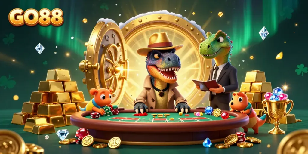 Engage with GO88's thrilling blackjack scene featuring a velociraptor card counter in action.